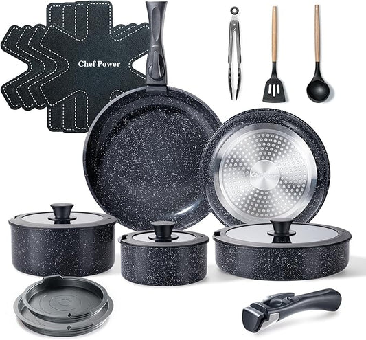 Chef Power Ceramic Nonstick Cookware Set 19 Piece with Detachable Handle, Induction Dishwasher Oven Safe Pans and Pots Set, RV Kitchen Set Removable Handle, Rock Stone Black by ChefPower