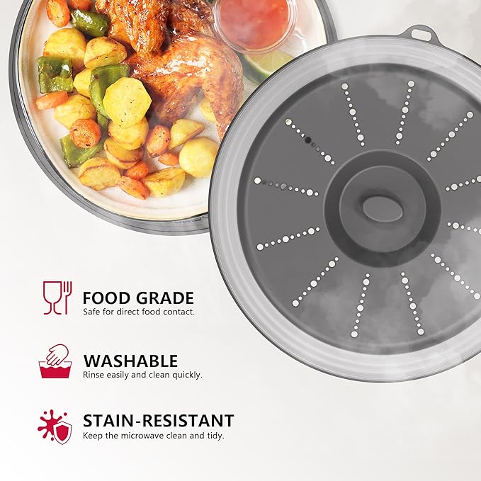 WVM Microwave Splatter Cover & Mat, Vented Collapsible Splatter Guard dish Plate lid & Silicone Round Kitchen Mat for Food, Meal Prep, Dark Grey - Image 3