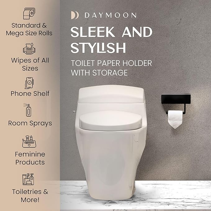 Day Moon™ - Toilet Paper Holder with Shelf - Modern Roll Holder for Bathroom - 1 Pack - Wall Mount - with Storage, Black - Image 3