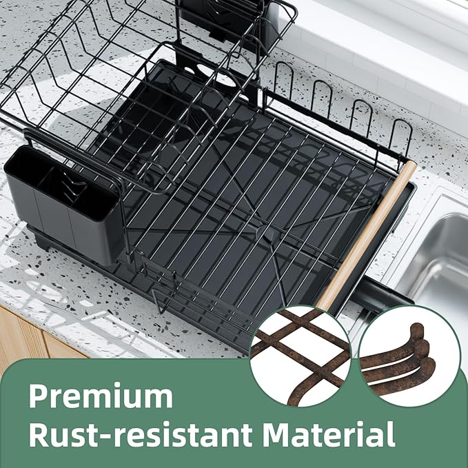 2-Tier Dish Rack with Drainboard: Large Capacity Anti-Rust Kitchen Counter Organizer with Cup, Utensil & Cutting Board Holders, Heavy Duty Dish Drying Rack, Black