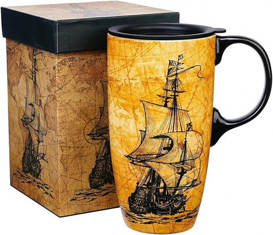 Topadorn Ceramic Travel Mug with Lid and Handle - 17 Oz Coffee Mug Ceramic Latte Teacup with Color Box, Splash Resistant Lid –Coffee Cup for Car Cup Holder, Sailboat