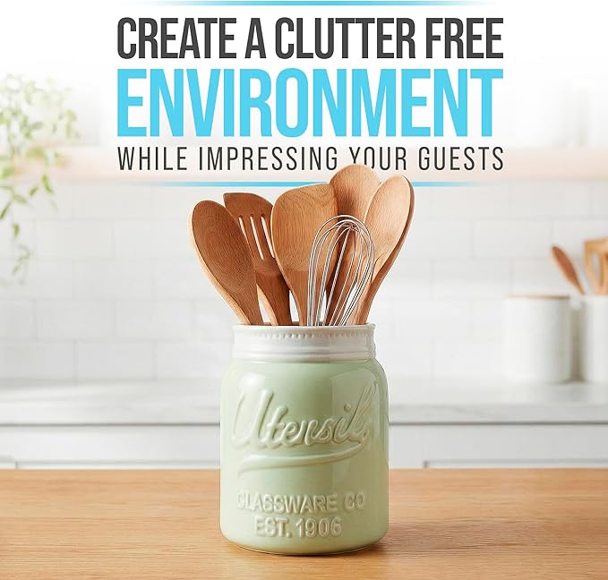 Comfify Wide Mouth Mason Jar Utensil Holder Decorative Kitchenware Organizer Crock, Dishwasher Safe - Kitchen Caddy Green, Large Size 7" Hight - Image 2