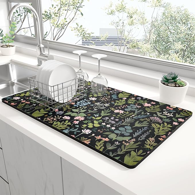 Rnivvi Dish Drying Mat for Kitchen Counter, XL 15 x 24" Cute Flower Theme Super Absorbent Drainer Pad, Non-Slip Heat Resistant Coffee Bar Mat for Coffee Machine Station Accessories,Black Dish Rack Pad by Rnivvi