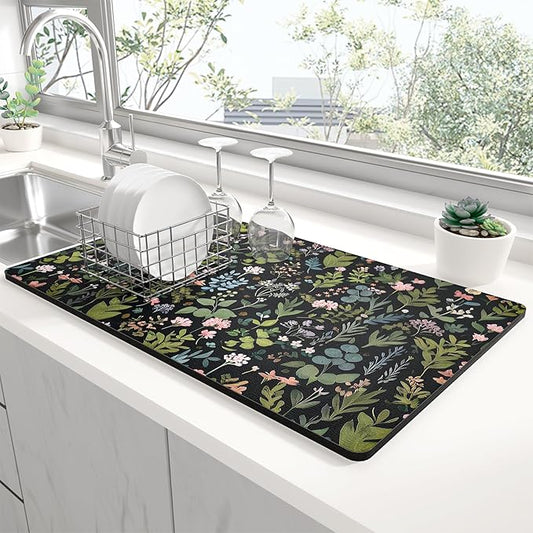 Rnivvi Dish Drying Mat for Kitchen Counter, XL 15 x 24" Cute Flower Theme Super Absorbent Drainer Pad, Non-Slip Heat Resistant Coffee Bar Mat for Coffee Machine Station Accessories,Black Dish Rack Pad by Rnivvi