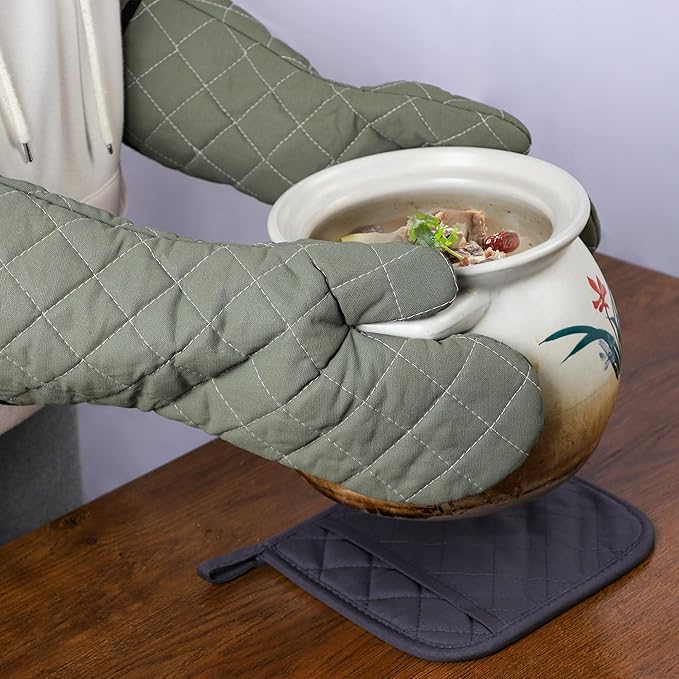 ARCLIBER Oven Mitts Heat Fire Resistant Oven Mitts 425 ° F, Quilted Terry Cloth Cotton Soft Lining Oven Gloves, Extra Long Kitchen Mittens for Cooking Baking - Image 5