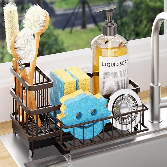 Consumest Sponge Holder for Kitchen Sink - Auto Draining Sink Caddy Organizer with Detachable Rack, High Brush Holder, Kitchen Countertop Storage Accessories, Bronze by Consumest