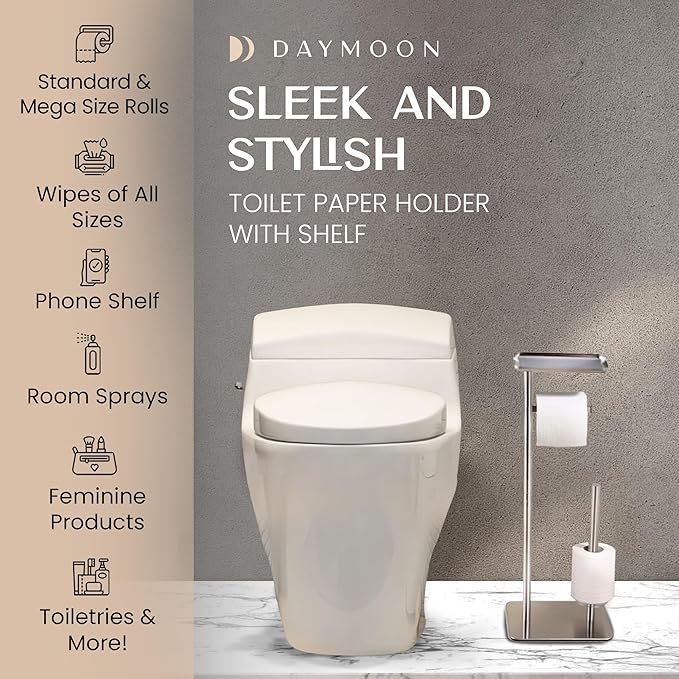 Day Moon™ - Toilet Paper Holder - Modern Roll Holder for Bathroom - 1 Pack - Free Standing - with Shelf, Brushed Nickel - Image 2