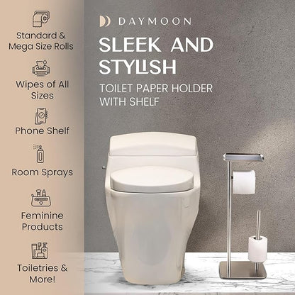 Day Moon™ - Toilet Paper Holder - Modern Roll Holder for Bathroom - 1 Pack - Free Standing - with Shelf, Brushed Nickel - Image 2