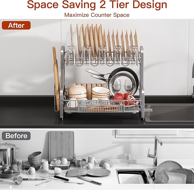 2 Tier Dish Drainer Drying Rack for Kitchen Counter, Large Stainless Steel Dishes Dryer with Drainboard, Space Saving, Big Rustproof Metal Modern Countertop Plates Strainer with Utensil Holder, Sliver - Image 2