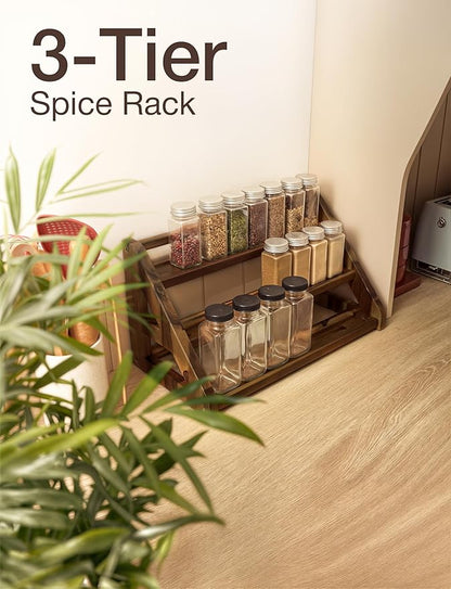 Tinamo Acacia Wood Spice Rack - Wooden 3-Tier Spice Rack Organizer for Countertop or Cabinet – Kitchen Spice Organizer and Seasoning Organizer Shelf (Walnut) - Image 5