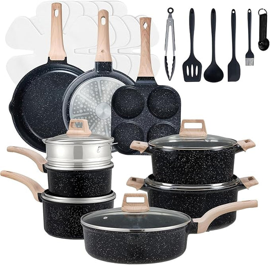 25 Pcs Pots and Pans Set, Nonstick & Non-Toxic Healthy Pots and Pans, Heat-Resistant Handles, Induction Cookware Sets with Frying Pans, Black