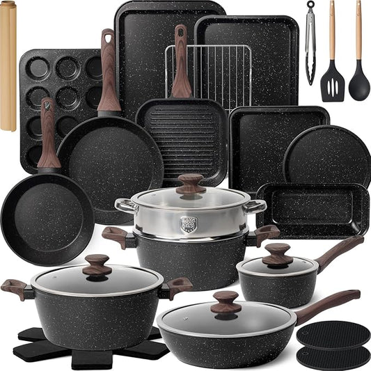 Kikcoin Pots and Pans Set Non Stick 31 Piece Kitchen Nonstick Cooking Cookware Sets with Grill Pan Saucepan Baking Sheet Utensil, Black by Kikcoin
