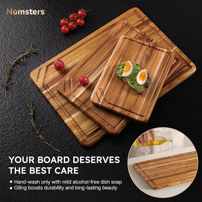 3 Pack Teak Wood Cutting Board Set for Kitchen Charcuterie Board Serving Heavy Duty Non Toxic Slip Hardwood Over Sink Solid Thick Haus Wooden Chopping Board Large Big Small Meat Best Essential Gift - Image 8