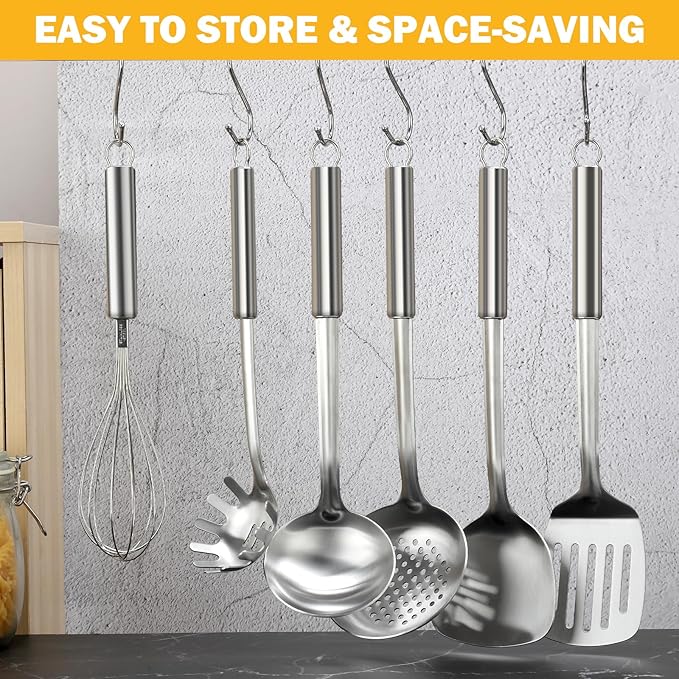 6-Piece Kitchen Cooking Utensils Set, Stainless Steel Kitchen Utensils with Suspendable Handle, Spatula, Slotted Turner, Soup Ladle, Slotted Spoon, Whisk, Pasta Server, Dishwasher Safe - Image 7