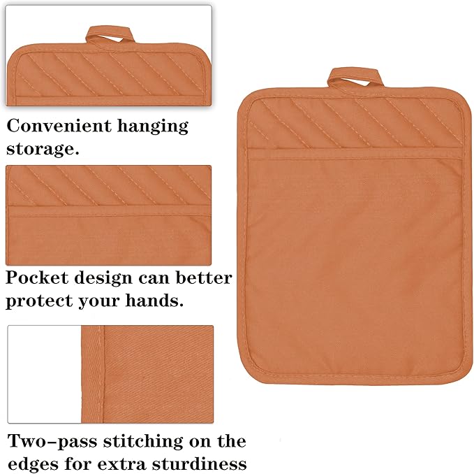 Oven Pot Holder with Pocket Cotton Heat Resistant Coaster Potholder Kitchen Hot Pad Oven Mitts for Cooking Square 7"x9"Set of 5 (Orange) - Image 3