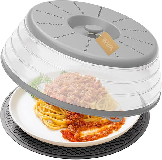 WVM Microwave Splatter Cover & Mat, Vented Collapsible Splatter Guard dish Plate lid & Silicone Round Kitchen Mat for Food, Meal Prep, Grey by WVM