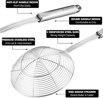 Anaeat Stainless Steel Spider Strainer Skimmer - Solid Kitchen Strainer Ladle with Long Handle for Cooking and Frying, Reinforced Double Coil Slotted Spoons for Pasta, Noodle, Spaghetti (5.5 Inch)