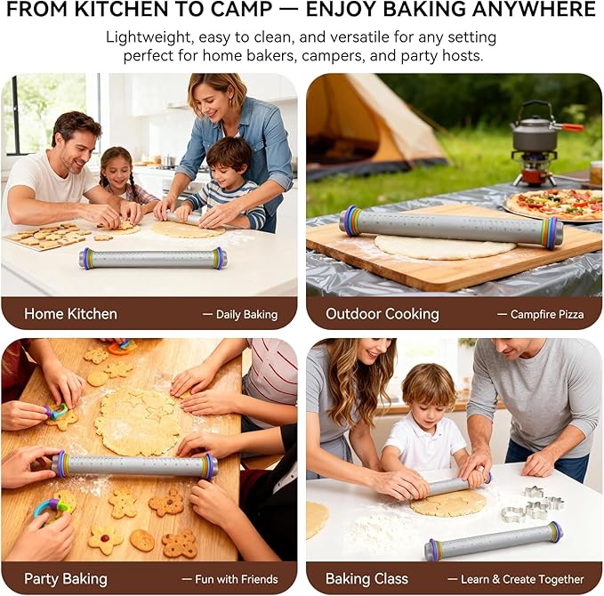 Adjustable Rolling Pin with Thickness Rings, 12.8" Silicone Non Stick Dough Roller for Pizza, Pastry, Fondant, Pie Crust, Baking Tool with Stainless Steel Core, Easy Clean