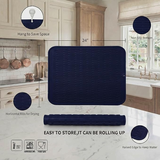 MicoYang Silicone Dish Drying Mat for Multiple Usage,Easy clean,Eco-friendly,Heat-resistant Silicone Mat for Kitchen Counter or Sink,Refrigerator or Drawer Liner Navy Blue 2XL 24 inches x 18 inches - Image 2