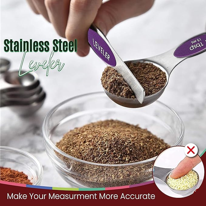 Magnetic Measuring Spoons Set of 9 Stainless Steel Dual-Sided Stackable Measuring Spoon Nesting Teaspoons Measuring Dry and Liquid Ingredients, Fits in Spice Jars Set of 9 (Purple) - Image 3