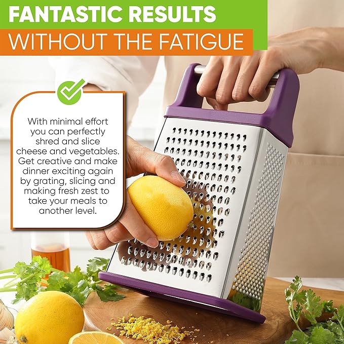 Spring Chef Purple Professional Stainless Steel XL Parmesan Cheese Grater with Handle - Manual Box Grater for Kitchen, 4 Sides, Dishwasher Safe Food Shredder for Vegetable, Potato, Hard Cheese, Carrot - Image 7