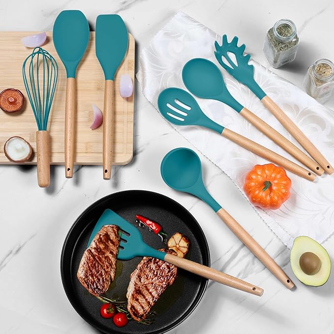 Herogo 8 Pcs Non-Stick Silicone Kitchen Utensils Set, Heat-Resistant Food-Grade Cooking Utensils with Wooden Handle, Includes Spatula Spoon Turner Server Whisk Ladle for Baking, Cooking (Navy Blue) - Image 6