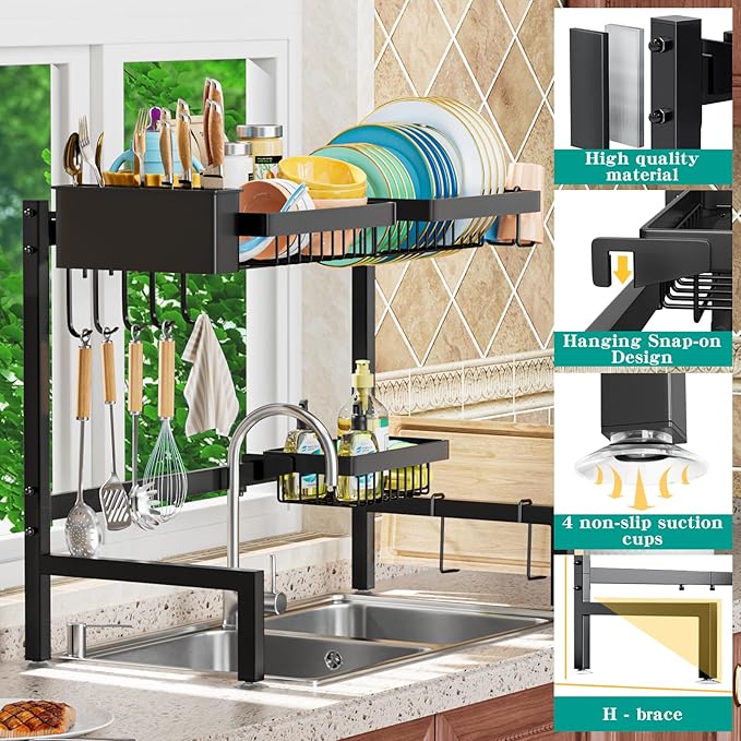 YKLSLH Over The Sink Dish Drying Rack 2 Tiers, for All Sinks (26.57"-35"),Expandable Large Capacity Sink Rack, Metal Drying Rack for Kitchen and Family Use - Image 3