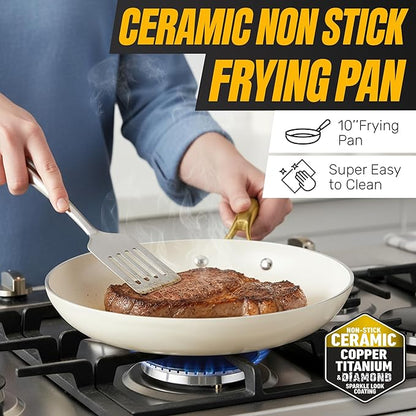 Gotham Steel 15 Pc Ceramic Cookware Set, Ceramic Pots and Pans Set Non Stick with Cooking Utensils and Steamer, Non Toxic PFOA PFOS Free, Premium Gold Stay Cool Handles, Oven & Dishwasher Safe - Image 3