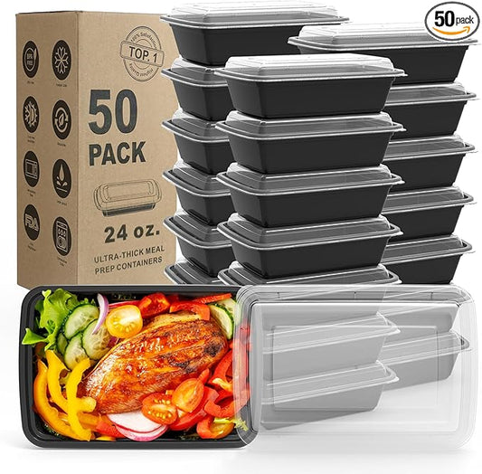 WGCC Meal Prep Containers, 50 Pack Extra-thick Food Storage Containers with Lids, Disposable & Reusable Plastic Bento Lunch Box, BPA Free, Stackable, Microwave/Dishwasher/Freezer Safe (24 oz) by WGCC