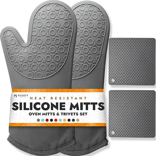 BPA-Free Soft Silicone 4 Piece Oven Mitts & Trivets Set - Ultra Heat Resistant Oven Mitts with Thick Cotton Liner - Long Slip Resistant Pot Holders, Flexible Oven Gloves - Gray by HOMWE