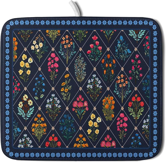 Lapis Blue Dish Drying Mat for Kitchen Counter Flowers Microfiber Absorbent Dish Draining Reusable Washable Small by Giwawa
