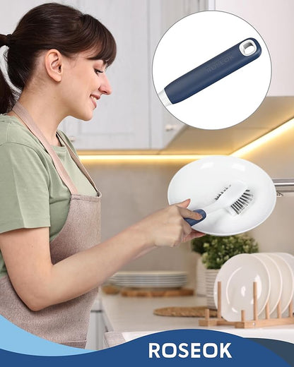 ROSEOK Dish Brush with Built-in Scraper,Kitchen Scrub Brush for Cleaning Dishes,Pots,Non-Stick Pans and Sinks,Navy Blue,2 Pack - Image 6