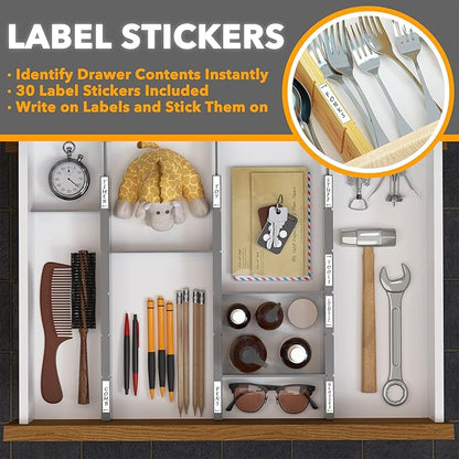 SpaceAid Bamboo Drawer Dividers with Inserts and Labels, Kitchen Adjustable Drawer Organizers, Expandable Organization for Home, Office, Dressers, 4 Dividers with 9 Inserts (17"-22" Gray) - Image 3