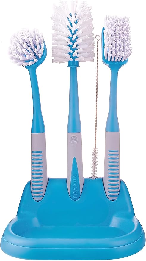 Dish Brush Set of 5 with Convenient Holder, Bottle Water Brush, Dish Scrub Brush, Scrubber Brush and Straw Brush - Kitchen Scrub Brushes Non Slip Long Handle for Sink Dishes Cup Pot by TrazonProducts