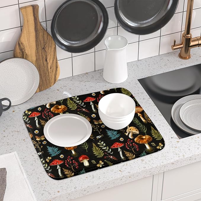 Mushroom Forest Dish Drying Mat Fern Leaves Black Drainer Mat for Kitchen Countertop 16 X 18 Inch - Image 6