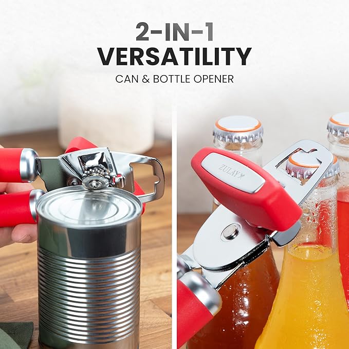 Zulay Kitchen Heavy Duty Stainless Steel Can Opener Manual with Bottle Opener - Rust Proof Manual Can Opener With Turn Knob & Comfy Soft Grip Handles - Cherry Red - Image 7