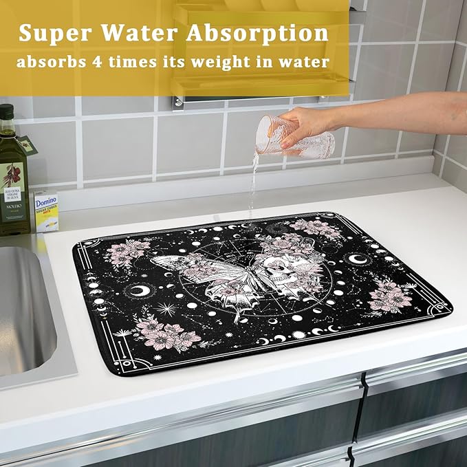 Skeleton Butterfly Dish Drying Mat Black Skull Absorbent Dish Drainer for Kitchen Counter Holiday Decor - Image 7
