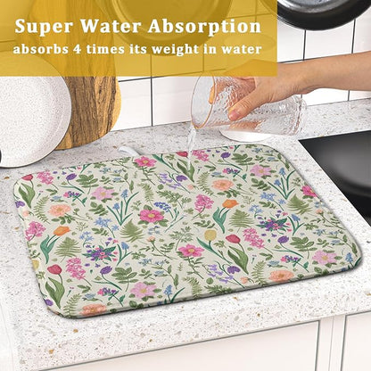 Spring Floral Dish Drying Mat for Kitchen Counter 16x18 Pink Sage Green Flower Vintage Botanical Print Absorbent Reversible Microfiber Drying Mats Kitchen Countertop Protector Dishes Drainer Rack Pad - Image 7