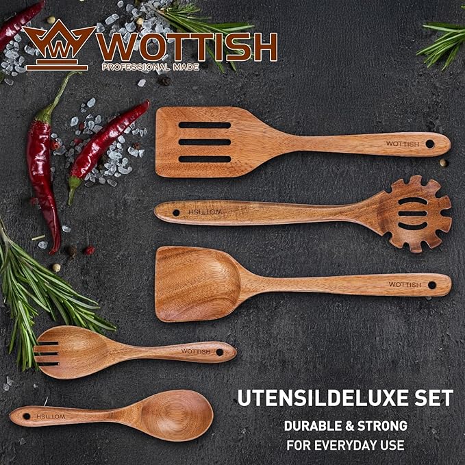Wooden Spoons for Cooking - 5-Piece Wooden Kitchen Utensil Set made of Natural Solid Wood Material - Includes Salad Spoons, Spaghetti Spoon,Slotted Spatula, Salad Fork, Flat Spatula(A05) - Image 2