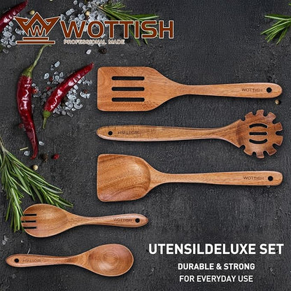 Wooden Spoons for Cooking - 5-Piece Wooden Kitchen Utensil Set made of Natural Solid Wood Material - Includes Salad Spoons, Spaghetti Spoon,Slotted Spatula, Salad Fork, Flat Spatula(A05) - Image 2