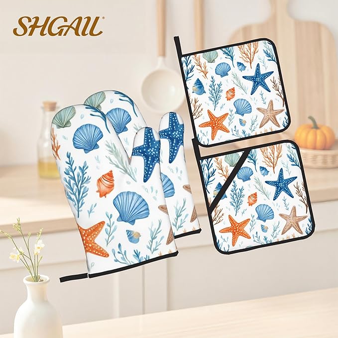 Starfish Shell Pattern Oven Gloves and Hot Pads Set - Heatproof Hand Protection for Baking, Grilling, Cooking 4Pcs