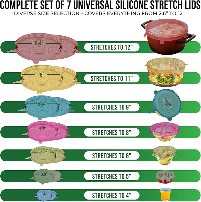Reusable Silicone Stretch Lids for Food Storage in Fridge - Elastic Heat-Resistant Bowl Covers, Cups, Cans, Jars - Universal Food Grade Lid for Round and Rectangle Containers - 7 Pack - Multicolor - Image 2
