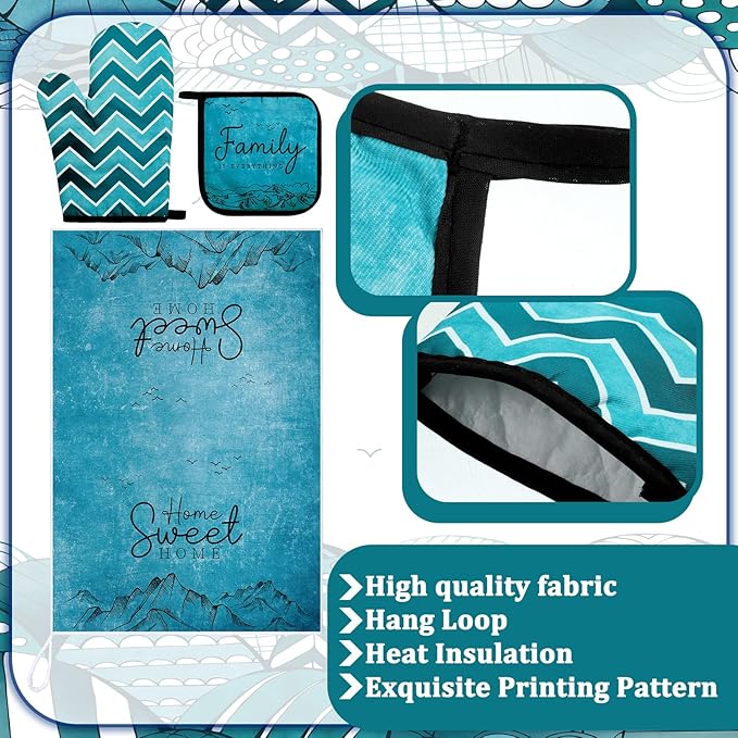 Bencailor 6 Pcs Boho Mountains Kitchen Towels Oven Mitts and Pot Holders Set Decorative Dish Towels Tea Washcloth Non Slip Heat Resistant Oven Gloves for Summer Home Cooking Baking, Turquoise - Image 5