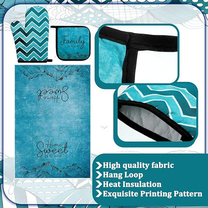 Bencailor 6 Pcs Boho Mountains Kitchen Towels Oven Mitts and Pot Holders Set Decorative Dish Towels Tea Washcloth Non Slip Heat Resistant Oven Gloves for Summer Home Cooking Baking, Turquoise - Image 5