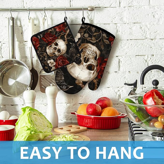 Halloween Skull Rose Crow Oven Mitts and Pot Holders Sets Heat Resistant 4Pcs Potholders Oven Gloves Hot Pads for Kitchen Baking Cooking Grilling BBQ