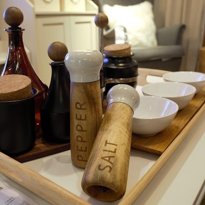 Tessie & Jessie Wooden Salt and Pepper Grinder Set, Premium Acacia Wood, 8" Elegant Refillable Salt Pepper Mill, Salt & Pepper Shakers for Seasoning, Stylish Gift Set (8"+8", Gray)
