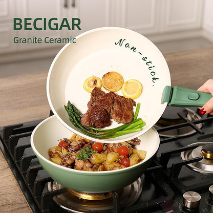 BECIGAR 23pcs Ceramic Pots and Pans Set, Nonstick Detachable Handle Cookware, Induction Kitchen Cooking Set with Removable Handle,include Frying Pans & Saucepans Oven Safe(Green) - Image 8