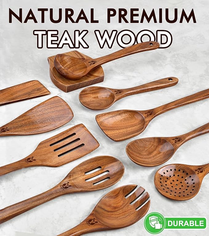 12 Pcs Teak Wooden Utensil Set with Holder & Spoon Rest, Wooden Spoons for Cooking with Comfort Grip, Wooden Cooking Utensils Set for Nonstick Cookware, Lightweight & Heat Resistant Kitchen Utensils - Image 2