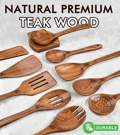 12 Pcs Teak Wooden Utensil Set with Holder & Spoon Rest, Wooden Spoons for Cooking with Comfort Grip, Wooden Cooking Utensils Set for Nonstick Cookware, Lightweight & Heat Resistant Kitchen Utensils - Image 2