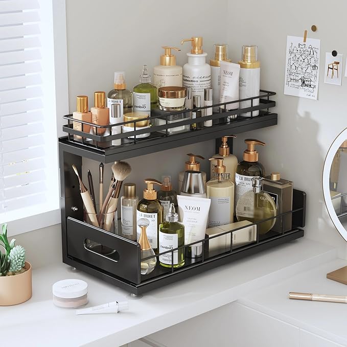 Under Sink Organizer Upgrade To Professional Rails,2-Tier Dual Pull Out Cabinet Storage,Height Adjustable Slide Out Drawers For Bathroom Kitchen,2 Pack-16.7"Dx12.8"-16.9"H,Black - Image 8